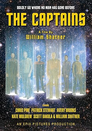 Filmposter van The Captains: zes kapiteins uit de wereld van Star Trek staan in een blauwige glitterende baan licht om te worden opgestraald. Dit tegen een zwarte achtergrond en informatie in gele letters.