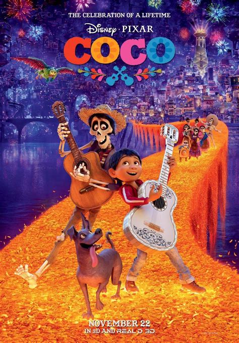 Poster van de film Coco: een jonge en een skelet spelen gitaar op een brug bestaande uit oranje bloemetjes. Op de brug staan nog andere skeletten. Op de achtergrond een vrolijk verlichte stad in paarstinten.