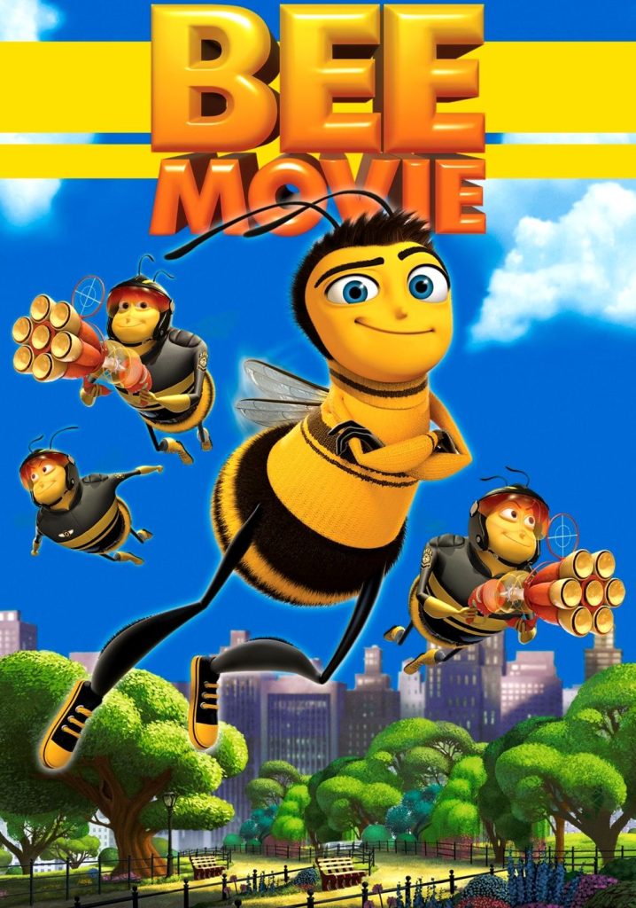 Filmposter voor Bee Movie: een arrogante 3D-geanimeerde bij kijkt je recht aan tegen een blauwe lucht. Om hem heen enkele andere bijeen met wapens een een stadsgezicht met bomen.