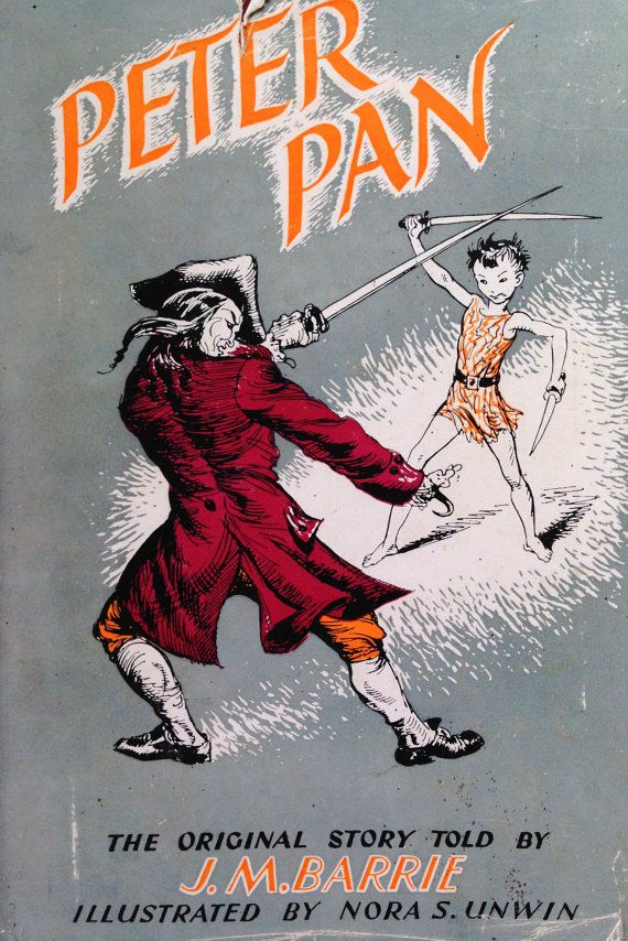 Kaft van Peter Pan uit 1951, een tekening in zwart, wit en rood van een zwaardgevecht tussen Peter Pan en kapitein Hook.