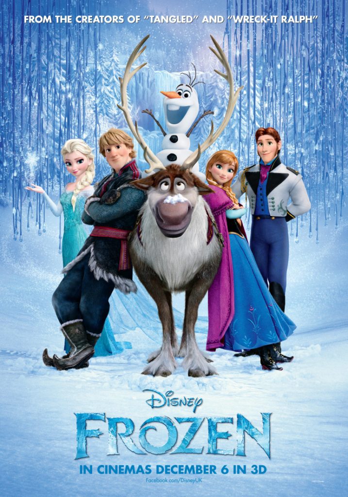 Filmposter van Frozen: 3D-geanimeerde figuren met centraal een eland met op zijn rug een blij kijkende sneewpop en eromheen twee jonge dames en twee jonge heren.