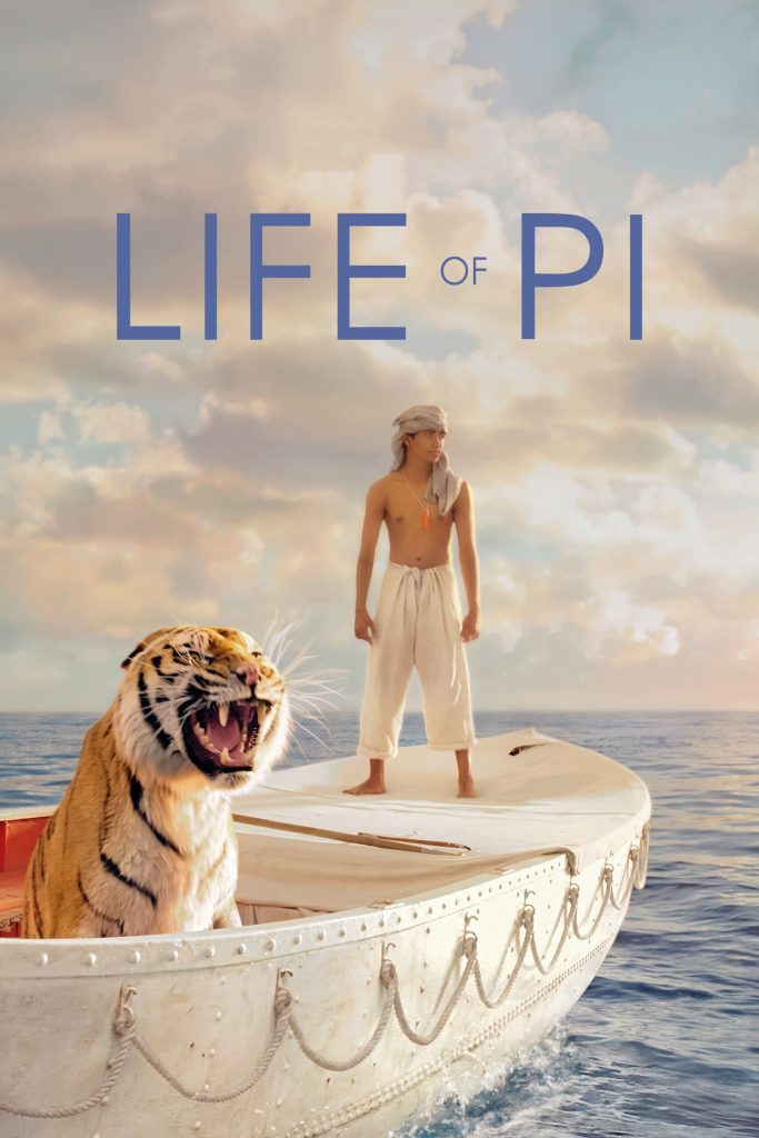 Filmposter voor Life of Pi: een witte roeiboot op een kalme zee met een brullende tijger en een jongeman in witte broek aan boord.