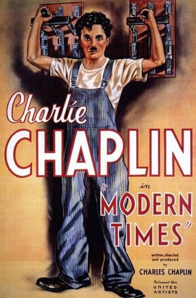 Filmposter van Modern Times: een geschilderde Charlie Chaplin in overall houdt twee grote elektriciteitshendels vast. 