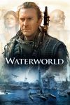 De filmposter van Waterworld: bovenin een foto van de hoofdrolspeler met op de achtergrond twee bijpersonages. Onderaan een groep schepen in blauwtinten.