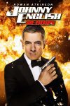 Poster van Johnny English reborn, de hoofpersoon staat in James Bondhouding met pistool voor een grote explosie.