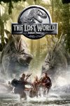 Filmposter van The Lost World: Jurassic Park: twe grote stegosaurussen op de achtergrond lopen door het water, op de voorgrond rennen verschillende personen weg voor de grote dieren.