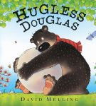 Kaft van het boek Hugless Douglas: een getekende kaft waarop een bruine beer een grote grijze steen aan het knuffelen is.