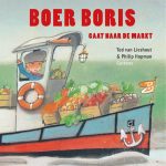 Getekende kaft van Boer Boris gaat naar de markt: een kleine boer op een bootje volgeladen met groentes.