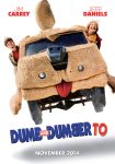 Poster van Dumb and dumber to: een busje versierd met pluche waardoor hij op een hond lijkt met uit de zijramen twee blij en sullig kijkende mannen van rond de 35.