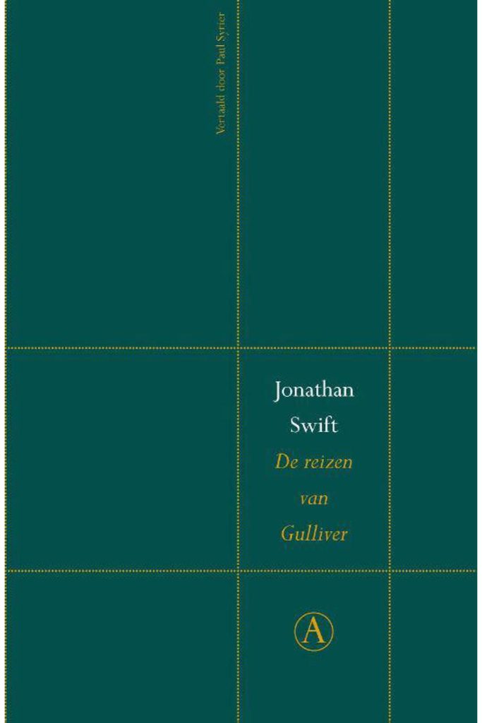 Kaft van Gulliver's travels uit de Perpetuareeks: donkergroene kaft met twee horizontale en twee verticale gele stippellijnen. Tussen deze lijnen de titel en auteur.