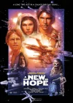 Filmposter van Star Wars: A new hope. Geschilderde of getekende poster met de belangrijskte personages uit de film, rondom een ruimteschip dat voor een zon langs vliegt. Rand is donker, centrum is geel/fel.