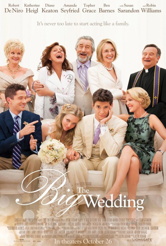 Filmposter van The Big Wedding, waarop diverse mensen in galakleding/feestkleding op een bank zitten of achter een bank staan. De gezichtsuitrukkingen van alle personen zijn expressief, maar drukken verschillende emoties uit.