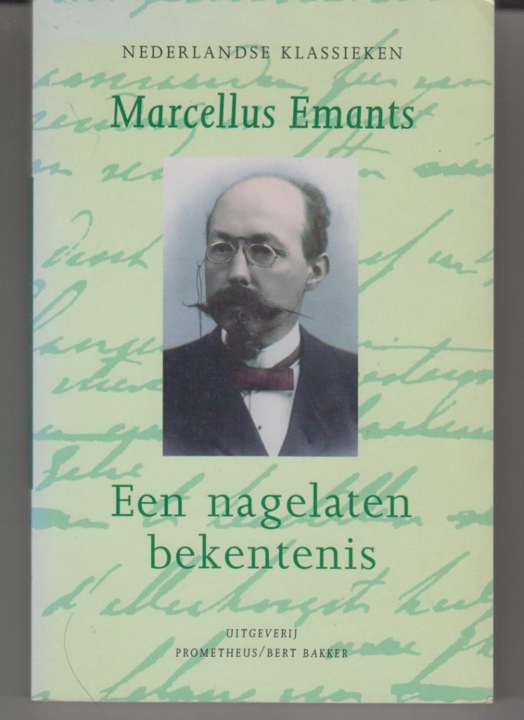 Kaft van Een nagelaten bekentenis: mintgroene achtergrond met iets donkerder mintgroene letters en een zwart-witte foto van Emants.