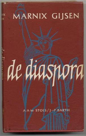 Kaft van De Diaspora: wijnrode kaft met een blauwe lijnen het vrijheidsbeeld. Daaroverheen de titel en auteur in wit.