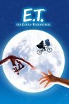 Filmposter van ET, the extra terrestrial: een maan tegen een blauwe achtergrond. Voor de maan een silhouet van een jongen op een fiets met ET in de mand voorop en helemaal vooraan twee vingers die elkaar aanraken: die van een jongen en van ET.