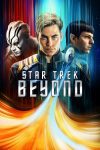 Filmposter van Star Trek Beyond: Kirk, Spock en Jaylah op de achtergrond en daar voorlangs de Enterprise met achter zich een gele/oranje stroom aan plasma.