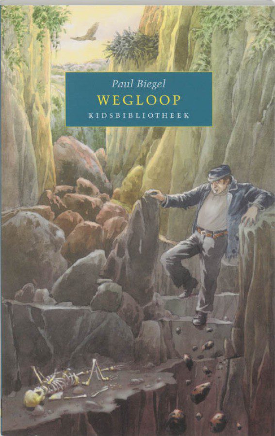 Kaft van het boek Wegloop: een tekening van een man die afdaalt in een ravijn en een skelet aantreft. 