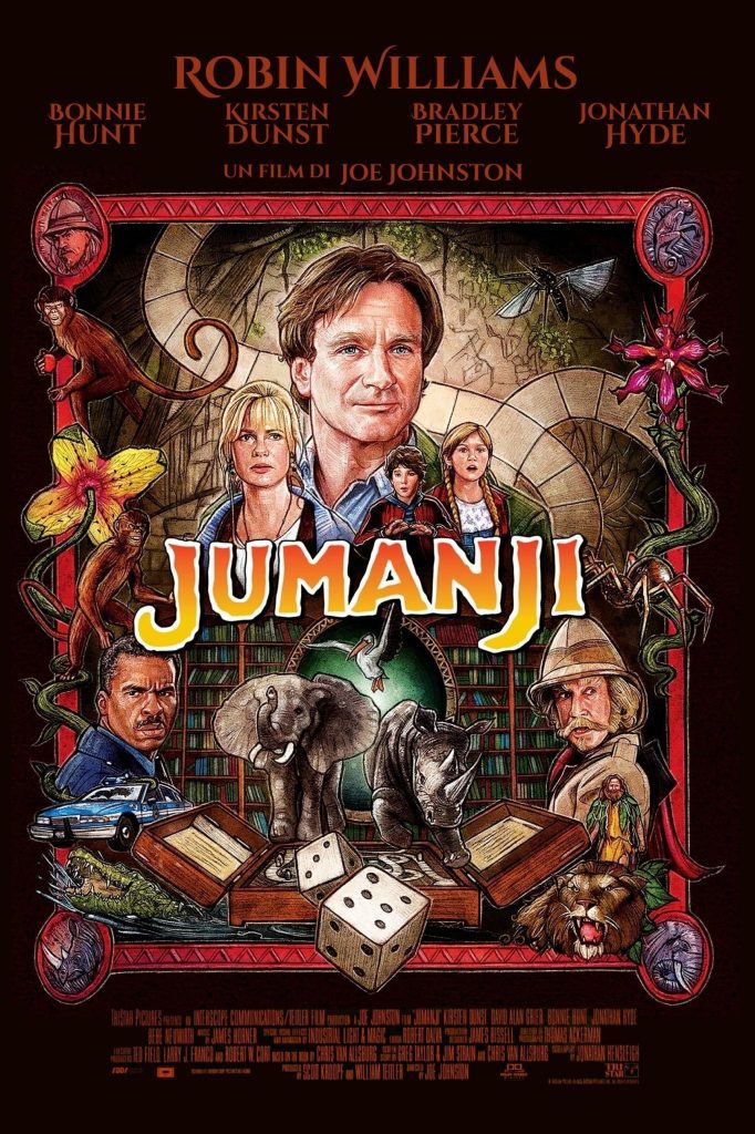 Filmposter van Jumanji: getekende poster, in een rode lijn zien we een spelbord als achtergrond, enkele junglebloemen, diverse personages en dieren die via een groene cirkel uit een boekenkast komen.