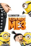 Poster van Despicable me 3: 3D-geanimeerde figuren op een witte achtergrond. Een man met een scherpe neus en boze blik staat links in beeld, rechts onderin een meisje met een staartje en een blije snoet en daartussen drie minions (gele mannetjes met de vorm van een pilcapcule met één oog en een zwart-wit gestreept boevenpakje).