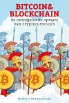 Kaft van Bitcoin & Blockchain: een tekening van een groep Romeinse soldaten met het Bitcoinlogo op hun schild loopt door het beeld van links naar rechts. Kaft in lichtblauw, wit, rood en warm geel.