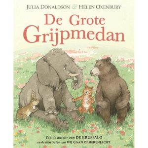 Kaft van De Grote Grijpmedan, waarop in een tekening zichtbaar is dat een olifant, beer, kat en konijn in een grasveld zitten en in gesprek zijn. Een van de kinderprentenboeken die Wim Pelgrim hier bespreekt.