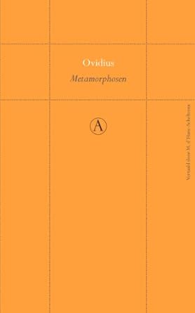 Kaft van Ovidius Metamorphosen: oranje kaft met twee horizontale en twee verticale stippellijnen. In de rechthoek de de kruisende lijnen vormen de titel en auteur.