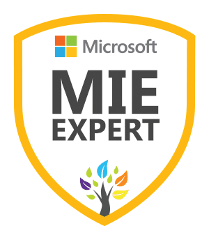 Logo van de MIE Experts: wit schild met gele rand, onderin een gestileerde boom met gekleurde blaadjes en in het schild het logo van Microsoft en de naam MIE Expert.