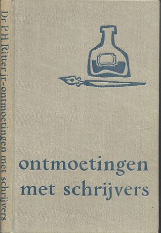 Kaft van Ontmoetingen met schrijvers: linnen karft met blauwe letters en een tekening van blauwe inktpot en kroontjespen.