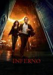 Filmposter van The DaVinci Code: Inferno, een man en vrouw rennen een kerkgebouw uit via twee grote deuren. Door het perspectief is het plafon zichtbaar dat oranje gloeit alsof het in brand staat.