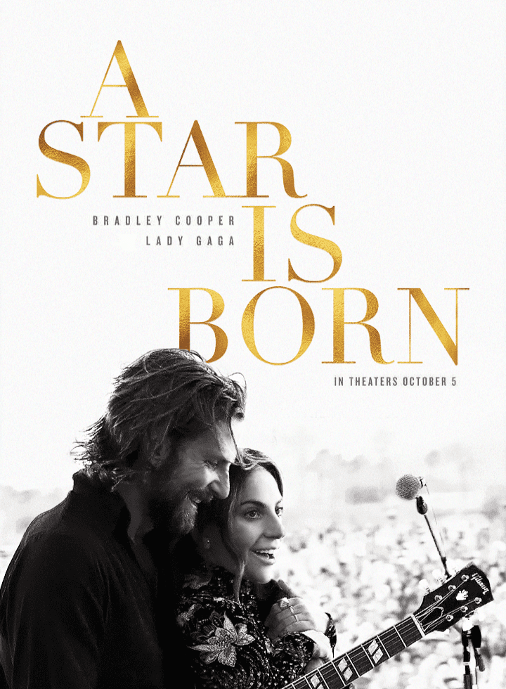 Filmposter van A star is born: een zwart-witfoto van een vrouwelijke zangeres die op een podium een knuffel krijgt van een mannelijke gitarist.