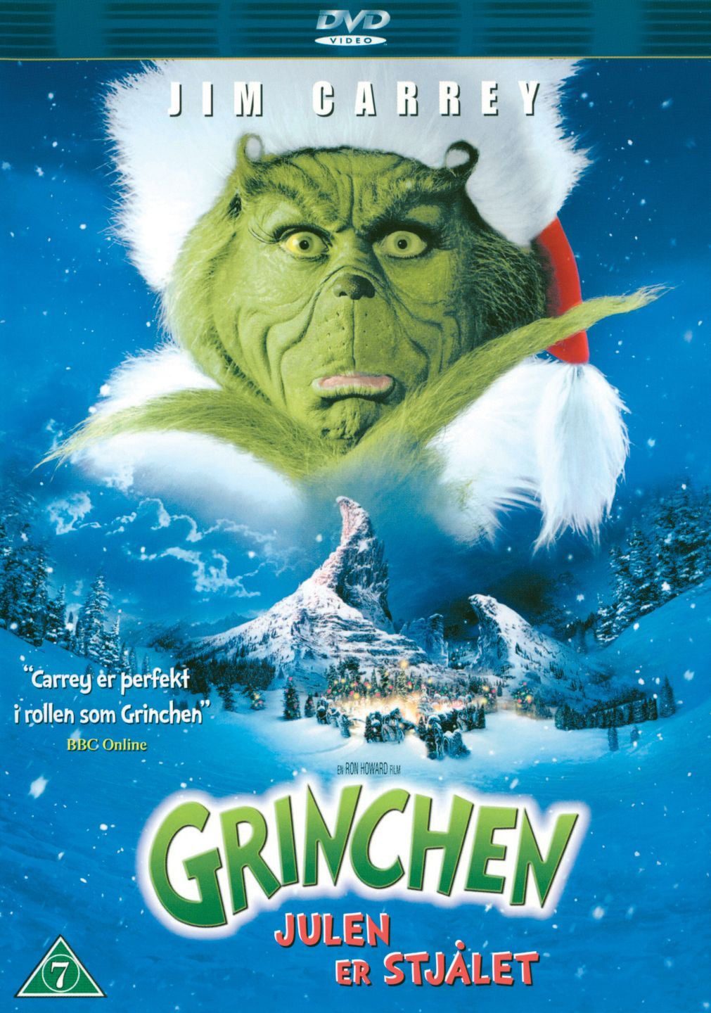 Filmposter van How the Grinch stole Christmas: Blauwe achtergrond met daarin een kerstdorp, daarboven een acteur in groene schmink met pluizige wangen en vingers en een kerstmuts op. 