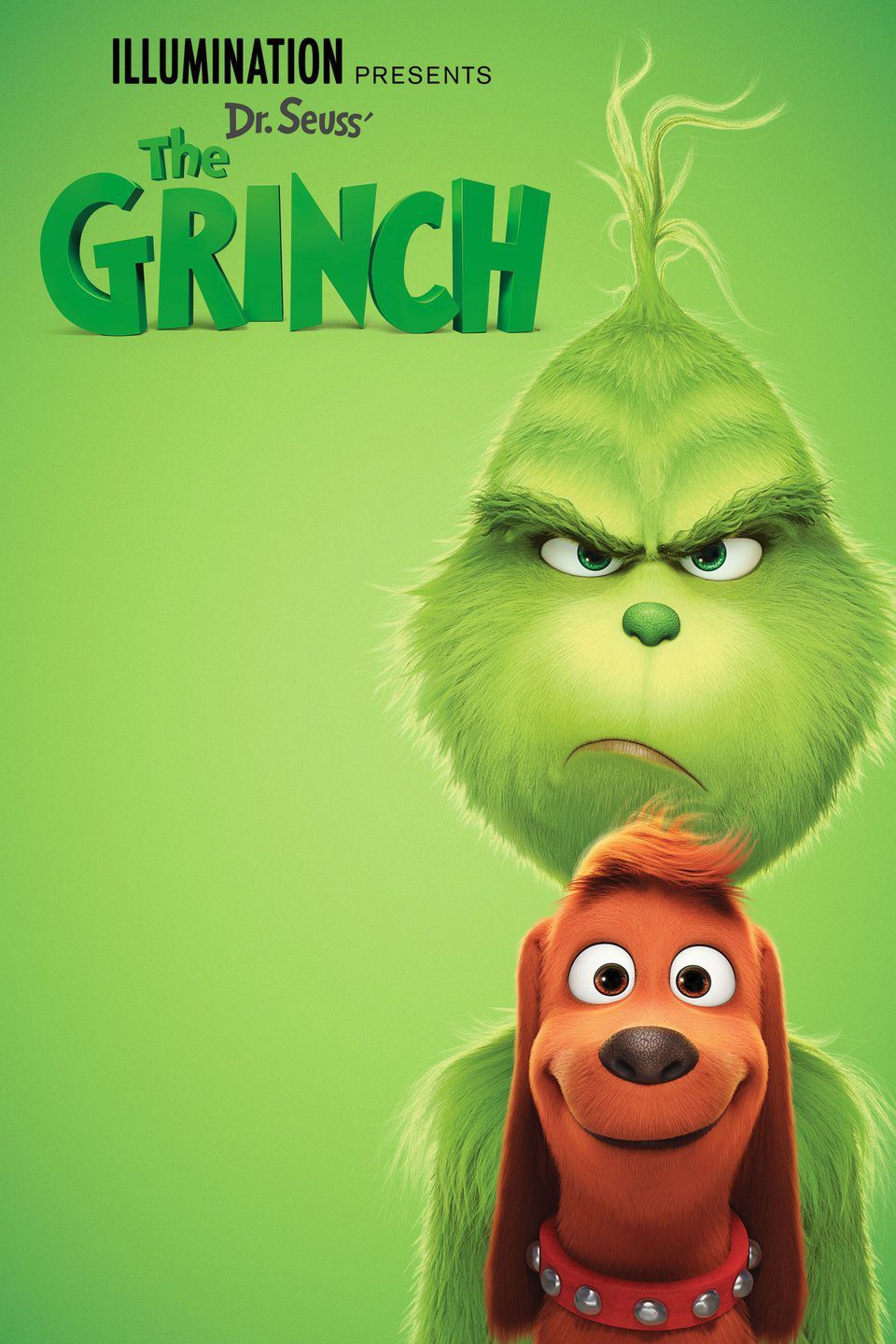 Filmposter van How the Grinch stole Christmas: groene poster met een boos kijkende 3D-geanimeerde pluizig groene figuur en zijn blij kijkende bruine hond.