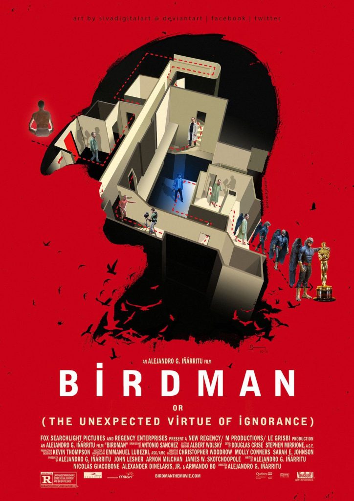 Filmposter van Birdman: een uitsnede van het hoofd van Birdman met daarin een opengewerkt huis waar mensen doorheen lopen.