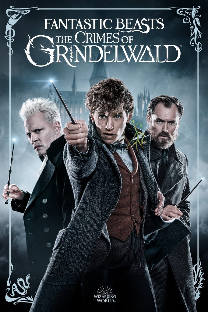 Poster van Fantastic Beasts: the crimes of Grindlewald: grijze achtergrond met een kasteel en ervoor drie personages met een toverstok.