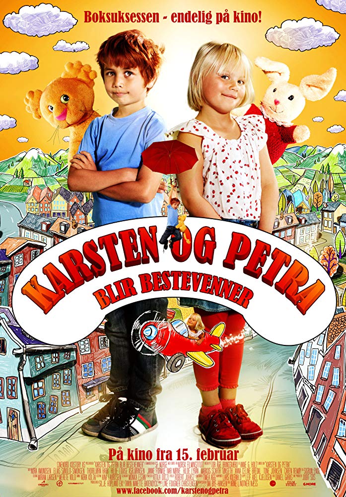 Poster van Casper en Emma: beste vrienden: twee kleuters staan centraal met naast hen een knuffel. Ze staan in een getekend stadje.