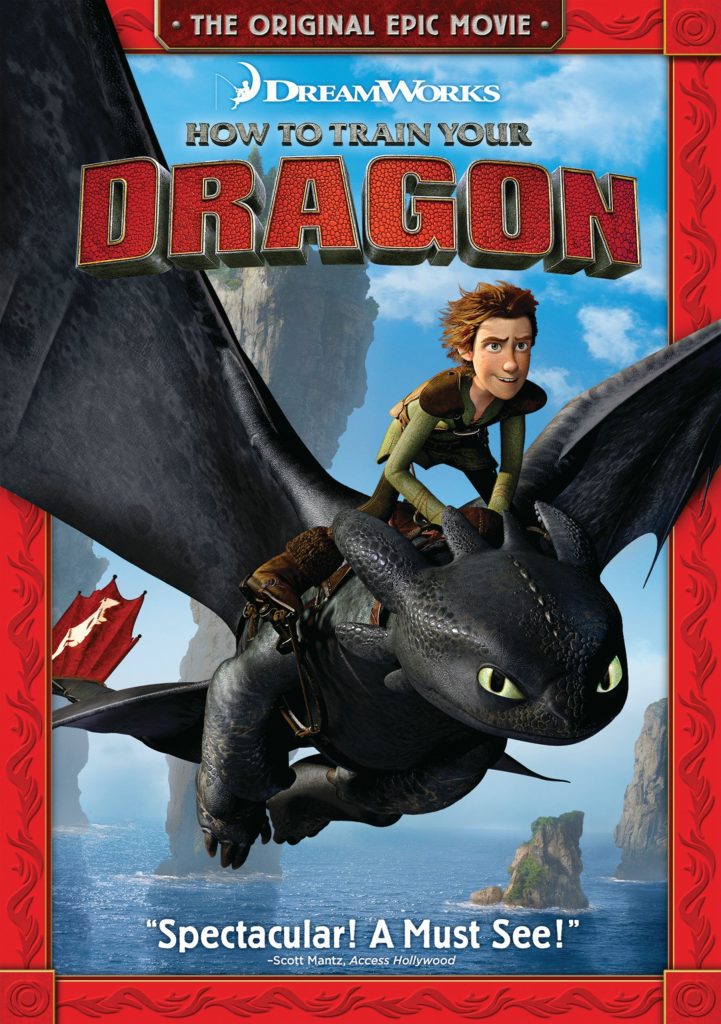 Filmposter van How To train your dragon : ruig landschap  en de zee waarboven 3D-geanimeerde viking op een zwarte draak vliegt. 