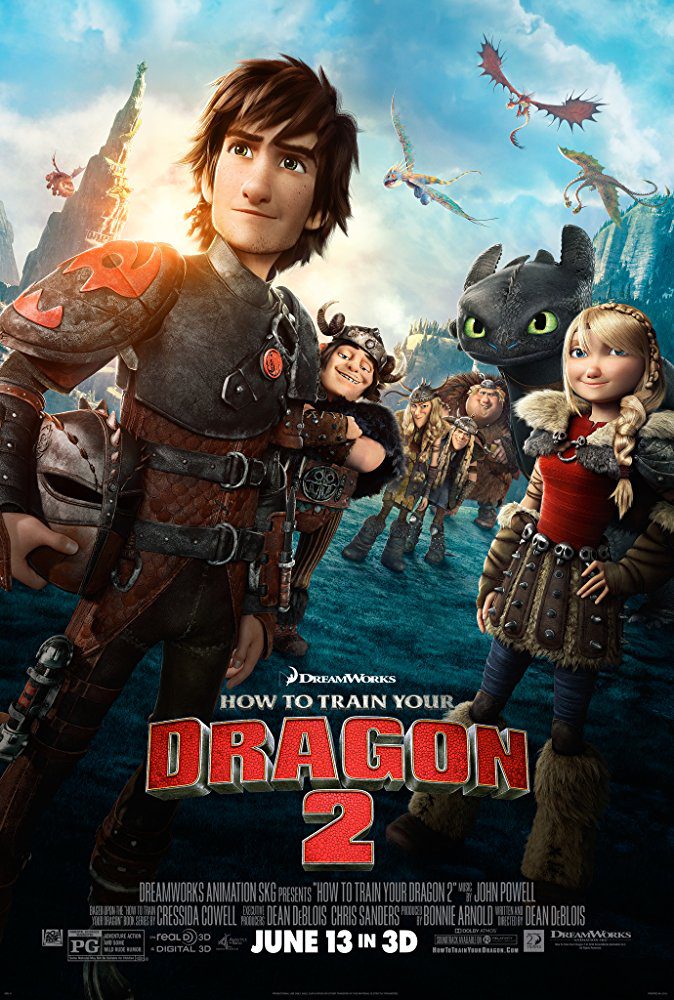 Filmposter van How To train your dragon 2: ruig landschap met een schuine horizon waarin diverse 3D-geanimeerde Vikingen langs de camera kijken en enkele draken rondvliegen.