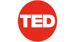 Logo van TED: rode cirkel met witte letters TED erin.