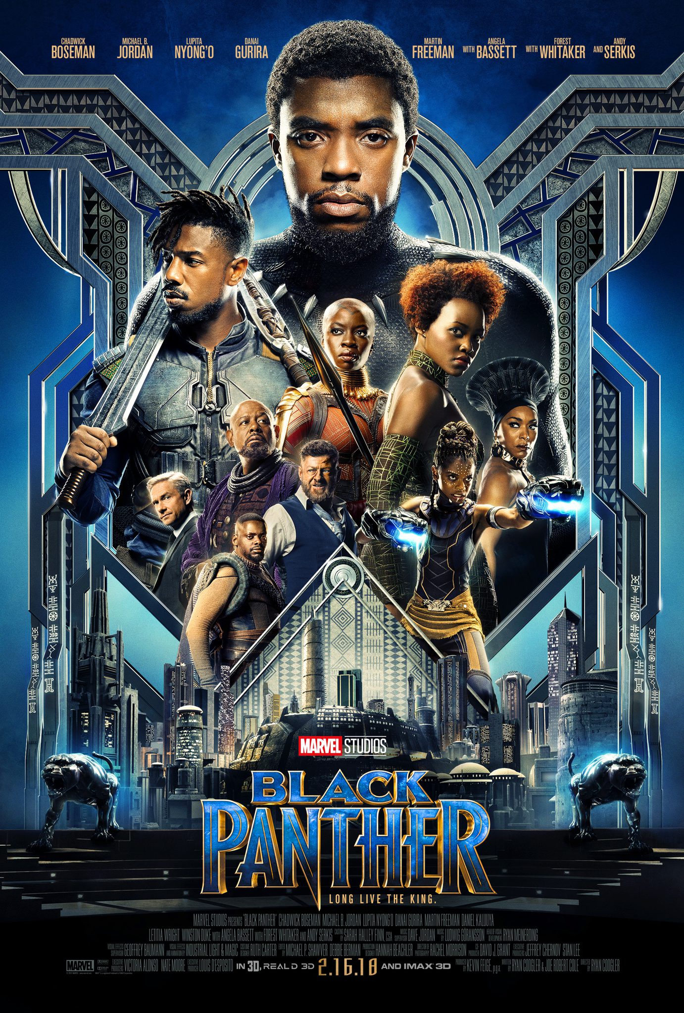 Filmposter van Black Panther: uitgevoerd in zwart en blauw staan de hoofdpersonages afgebeeld in een x-vorm boven een stadssilhouet.