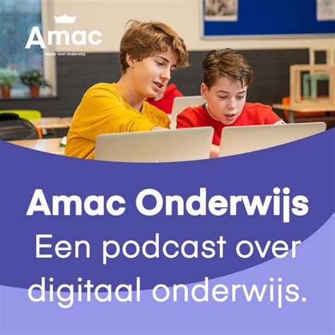 Cover van Amac Onderwijs: foto van twee jongens achter laptops, daaronder een paarse baan met de naam en ondertitel.