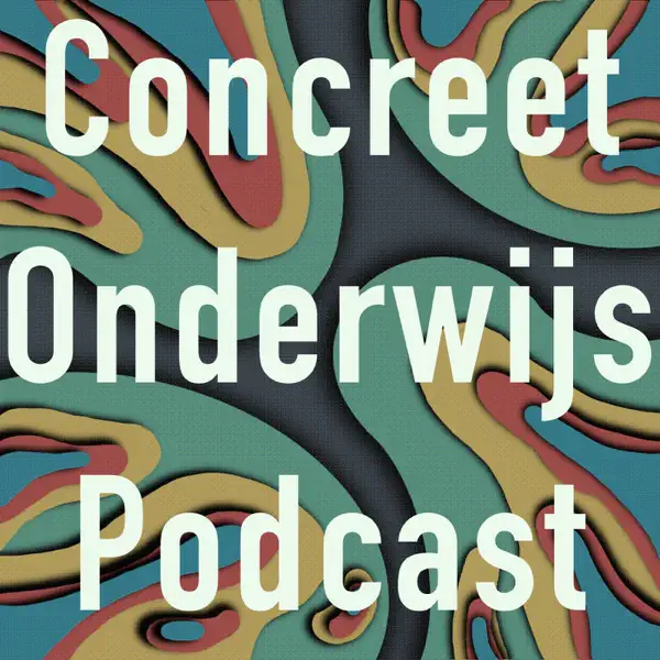 Logo van Concreet Onderwijs Podcast: een niet-figuratieve achtergrond met zwierige lijnen in zwart, groen, geel, oranje en blauw.