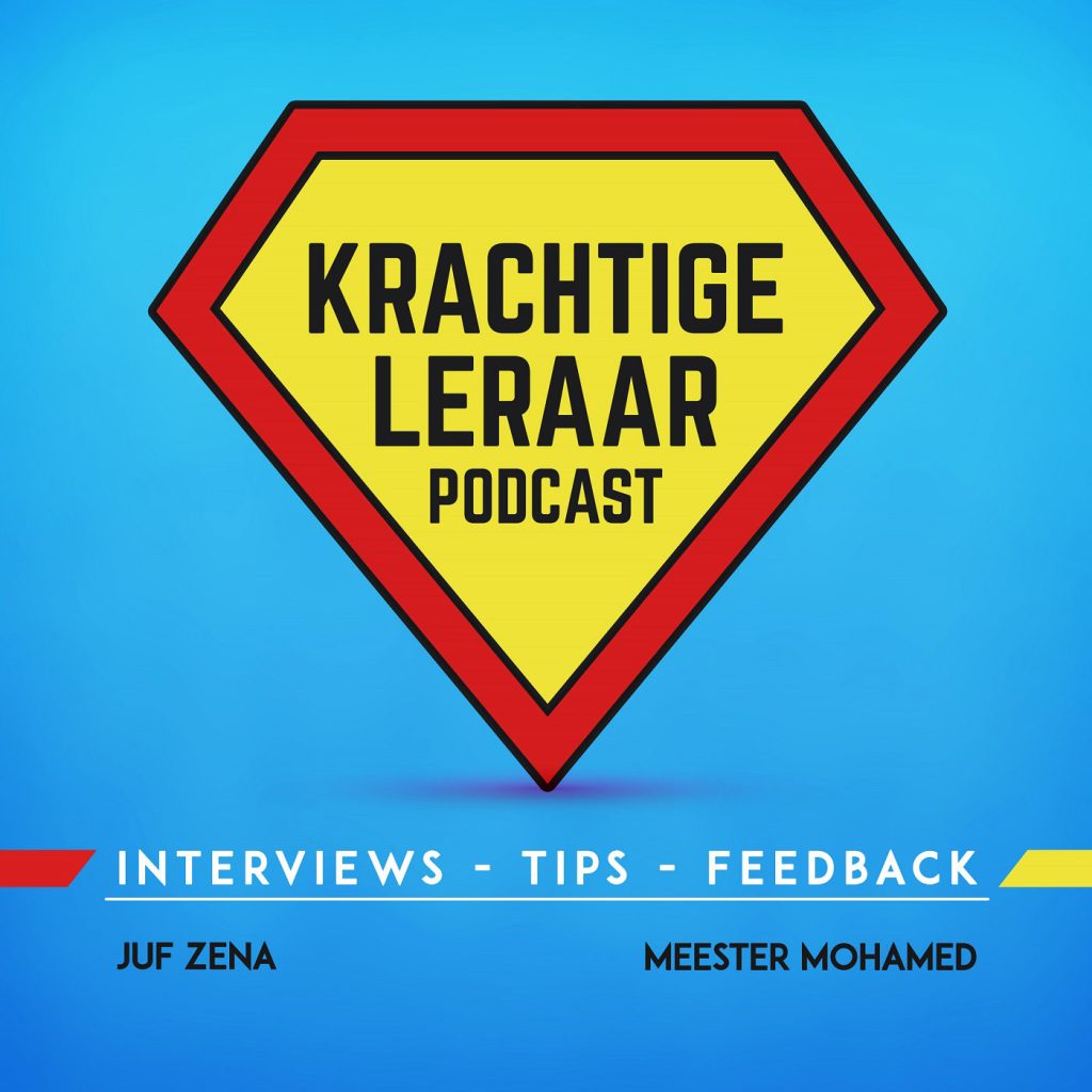 Logo van de Krachtige leraar podcast: lichtblauwe achtergrond met een diamantvormig geel vlak met een rode rand en daarin de titel (lijkend op het logo van superman).