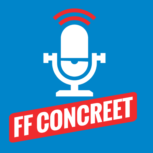 Logo van Ff concreet: een blauwe achtergrond met een symbool van een witte podcastmicrofoon, eronder in een rode band de titel in witte letters.