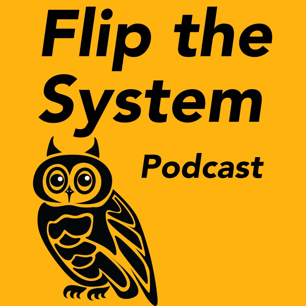 Logo van Flip the system: warmgele achtergrond met een zwarte uil en een titel in het zwart.