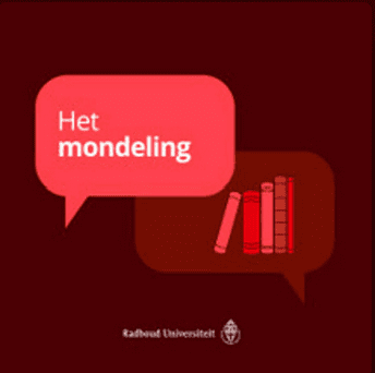 Logo van Het mondeling: in diverse tinten rood staan twee spreekballonnen met daarin enkele boeken.