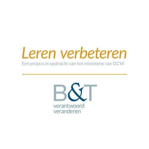 Logo van Leren Verbeteren: in oranje de titel en eronder het logo van B&T in blauwtinten.