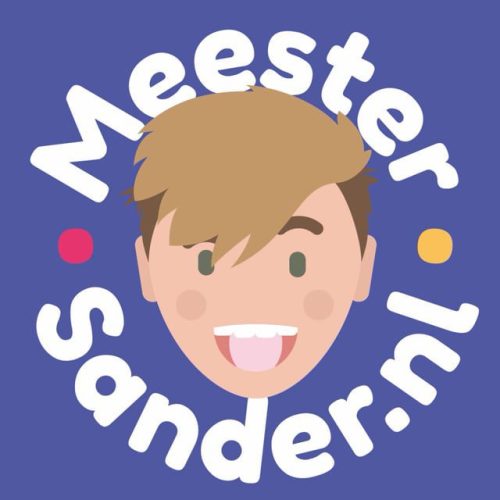 Logo van Meester Sander: een tekening van Sander in grote vlakken op een paarse achtergrond en witte letters in een cirkel om het hoofd heen.