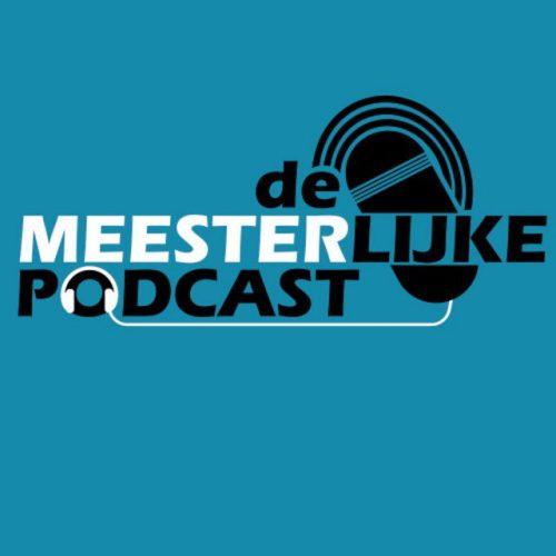 Logo van de Meesterlijke Podcast: op de achtergrond een zwarte podcastmicrofoon met daaraan een draad en koptelefoon op de O van het woord podcast. Dit alles tegen een petrolkleurige achtergrond.