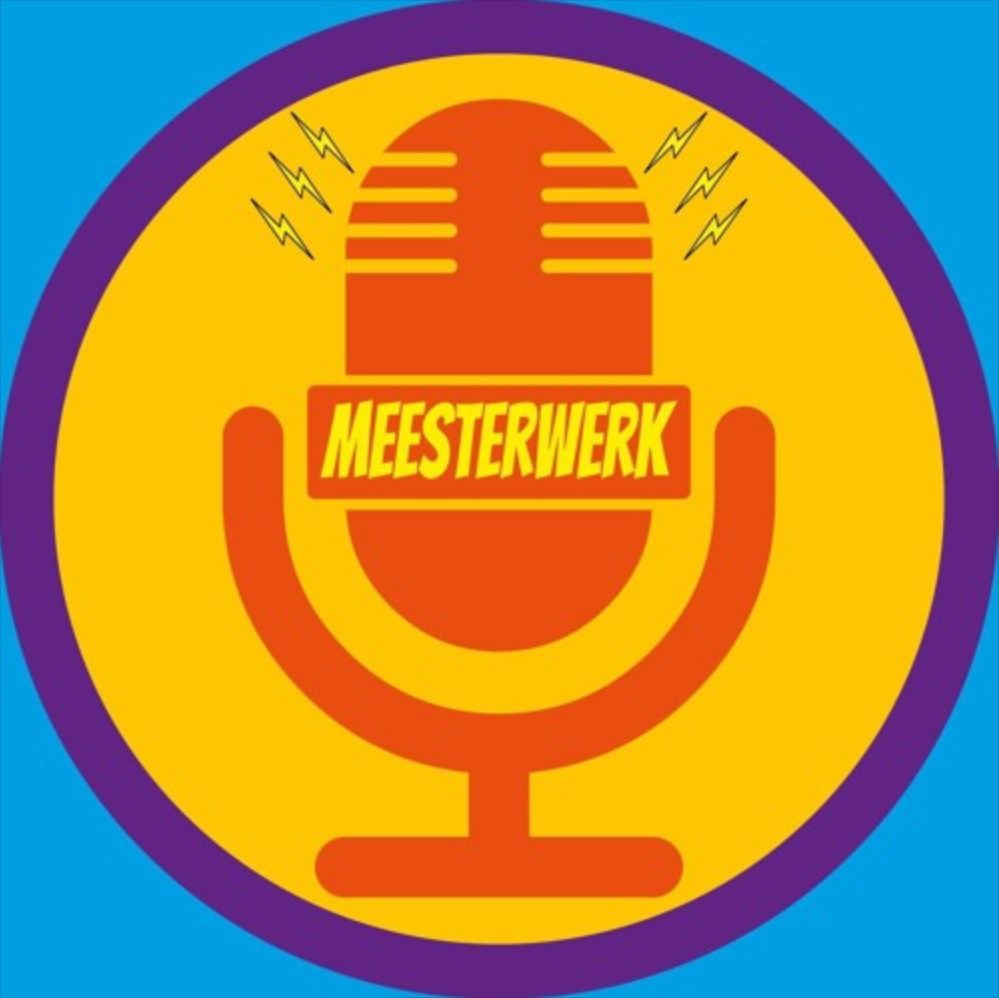 Logo van Meesterwerk: lichtblauwe achtergrond met gele cirkel en daarin een rode podcastmicrofoon en het woord meesterwerk.