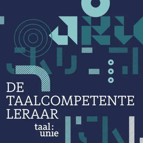 Logo van de Taalcompetente Leraar van de Taalunie: donkerblauwe achtergrond met diverse delen van letters en tekens in zeegroene tinten.